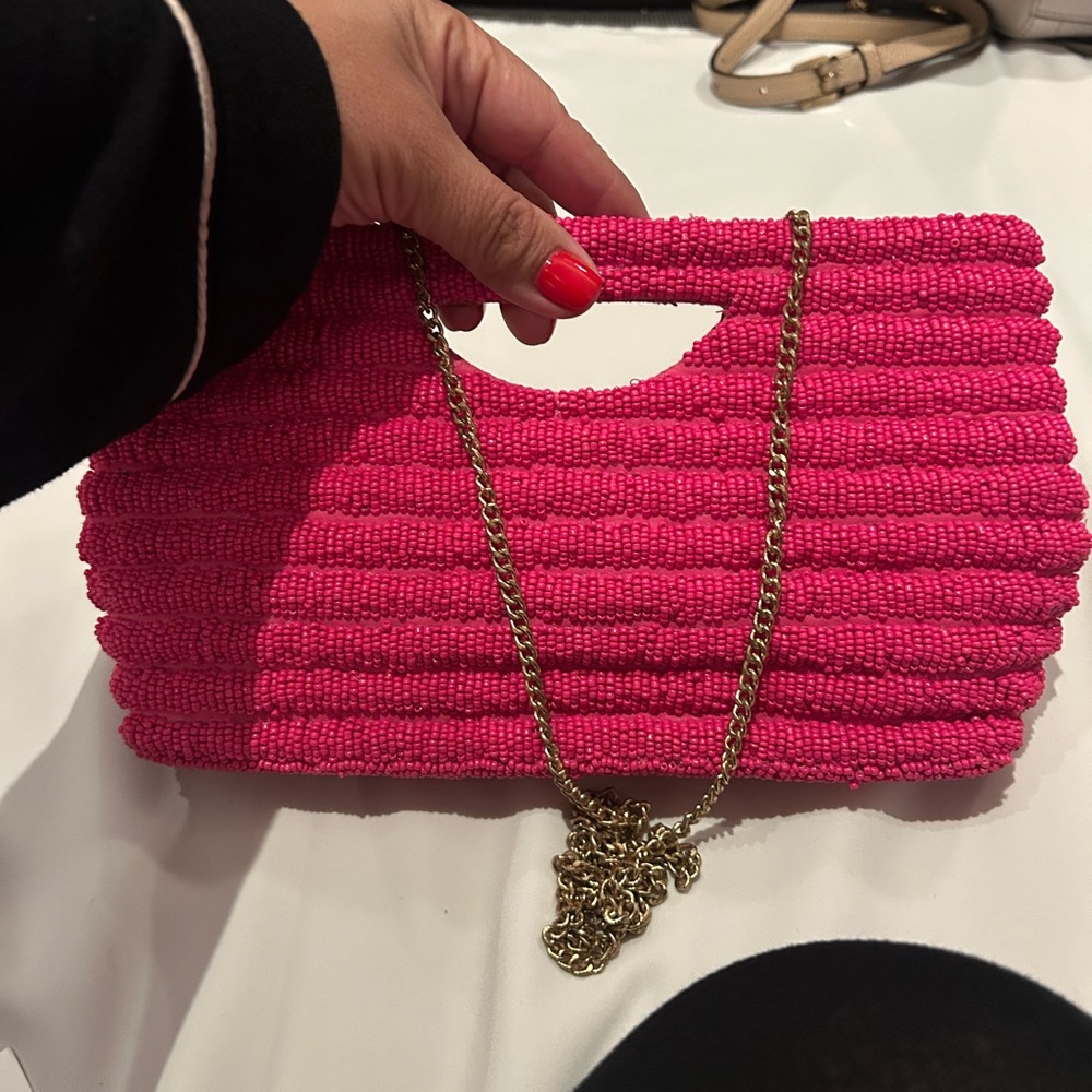 Antik Kraft Fuchsia Beaded Clutch with Gold Chain